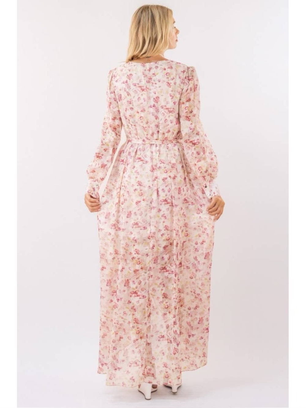 Pink Floral Wrap Maxi Dress with Tie Waist - Picture 2 of 4